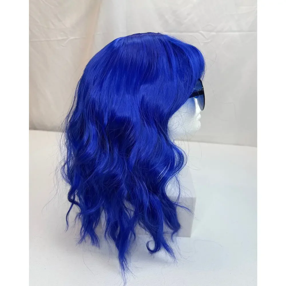 Bright Blue Wavy Cosplay Wig with Blue Sunglasses & Wig Cap